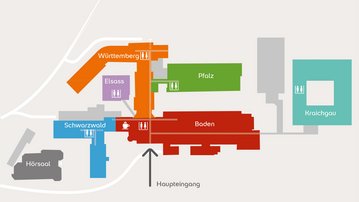 Übersichtskarte eines Gebäudekomplexes mit verschiedenen Bereichen wie Baden, Württemberg, Elsass und Schwarzwald sowie Stationen und Eingängen.