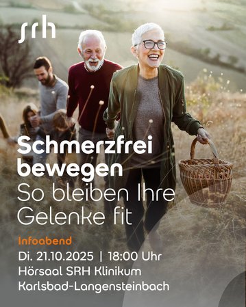 Ältere Menschen sammeln gemeinsam in der Natur, während ein Text Informationen über einen Infoabend zur Gelenkgesundheit bietet.