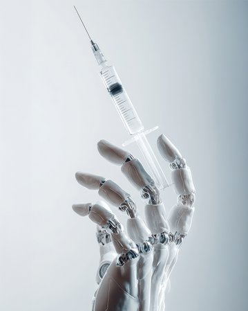 Eine humanoide Roboterhand hält eine Spritze mit einer Nadel, die nach oben zeigt. Der Hintergrund ist hell und neutral.