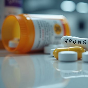 Ein gelbes und ein weißes Medikament mit der Aufschrift "WRONG" liegen auf einem Tisch, umgeben von weiteren weißen Tabletten und einer Medikamentenflasche.