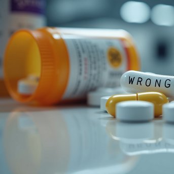 Ein gelbes und ein weißes Medikament mit der Aufschrift "WRONG" liegen auf einem Tisch, umgeben von weiteren weißen Tabletten und einer Medikamentenflasche.