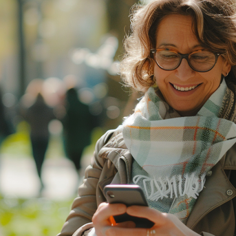Eine lächelnde Frau mit Brille hält ein Smartphone in der Hand, während sie in einem Park steht, umgeben von Bäumen und Menschen.