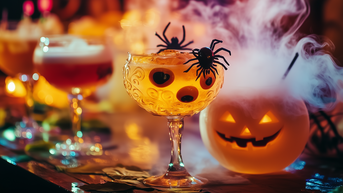 Ein Halloween-Cocktail in einer dekorativen Schale mit Augen und Spinnen, umgeben von weiteren Getränken und einer leuchtenden Kürbisdekoration, die Rauch ausstößt.