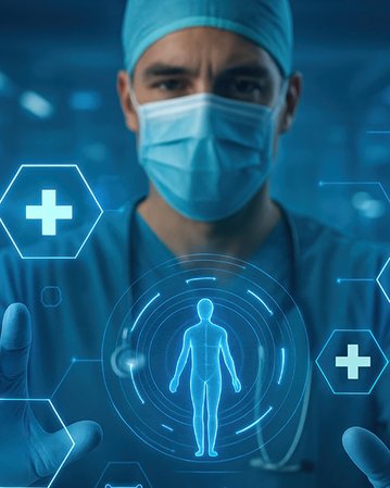 Ein Arzt in Schutzkleidung interagiert mit holografischen Gesundheitsdaten und KI-Symbolen in einem modernen medizinischen Umfeld.