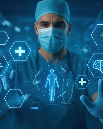 Ein Arzt in Schutzkleidung interagiert mit holografischen Gesundheitsdaten und KI-Symbolen in einem modernen medizinischen Umfeld.