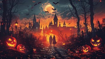 Dunkler, mystischer Weg mit Kürbissen und einer Silhouette von zwei Personen, die in Richtung einer Burg mit Türmen und einem Vollmond gehen. Fledermäuse fliegen über die Szene, die von orangefarbenem Licht erleuchtet wird.
