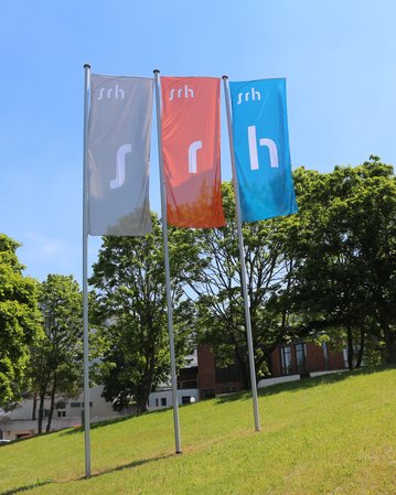 Drei Fahnen mit dem Schriftzug "srh" in verschiedenen Farben stehen auf einem grünen Hügel, umgeben von Bäumen und einem klaren blauen Himmel.