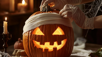 Ein Halloween-Kürbis mit einem grinsenden Gesicht, das von einem weißen Verband umwickelt ist. Eine Hand in einem Handschuh befestigt den Verband, während Kerzenlicht im Hintergrund flackert.