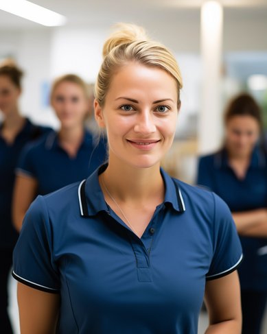 Eine lächelnde Frau in einem blauen Poloshirt steht im Vordergrund, während mehrere Personen im Hintergrund unscharf zu sehen sind. Alle tragen ähnliche Kleidung.