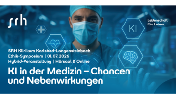 Ein Arzt in Schutzkleidung steht vor digitalen Grafiken, die KI in der Medizin thematisieren. Text: "KI in der Medizin – Chancen und Nebenwirkungen".